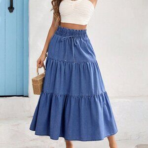 Medium Wash Boho Women's Relaxed Elastic Waist Long Denim Skirt